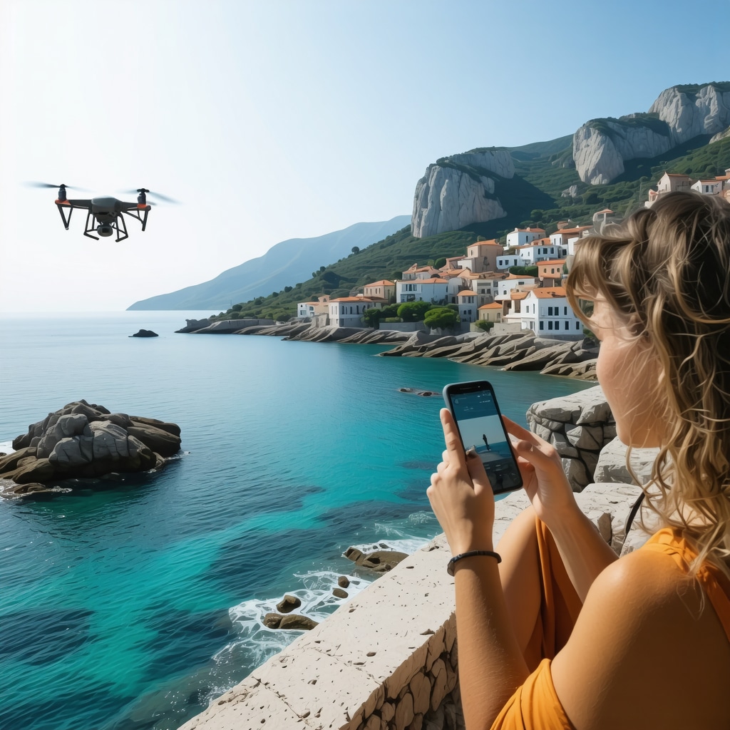 Tourists interacting with digital guides and drones monitoring coastal ecosystem in Petrovac