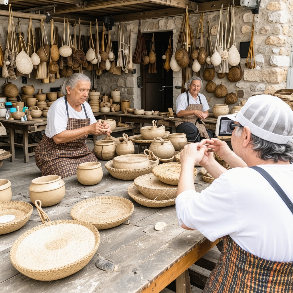 Tourists interacting with augmented reality devices while local artisans demonstrate traditional crafts in Stolac