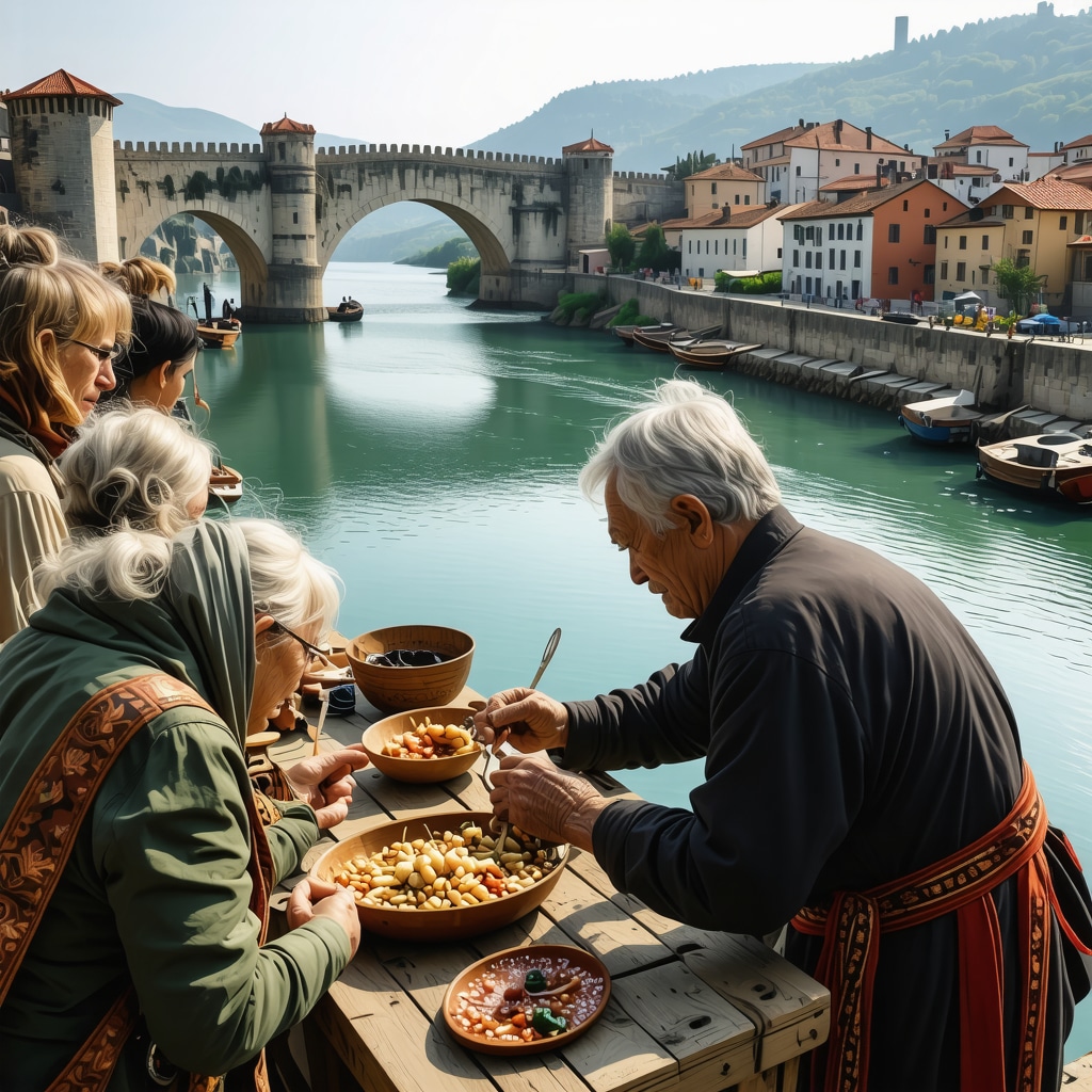 Tourists using augmented reality devices to explore Mostar's Stari Most bridge and local artisan demonstrating traditional craft