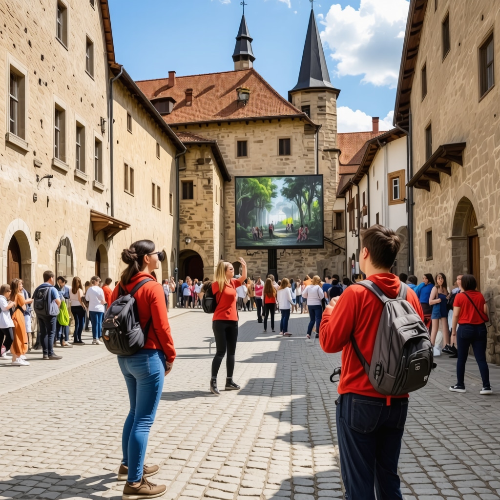 Tourists experiencing augmented reality medieval scenes in Sighișoara on cobblestone street
