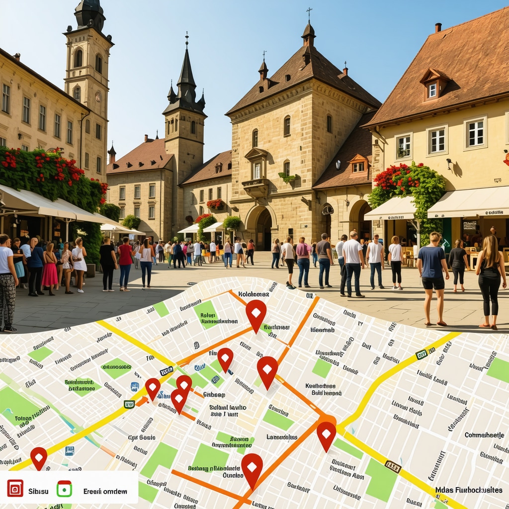 Tourists using augmented reality apps to explore cultural and culinary sites in Sibiu's medieval square