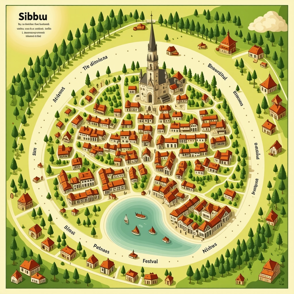 Digital map combining Sibiu's traditional culinary scenes with modern technology icons