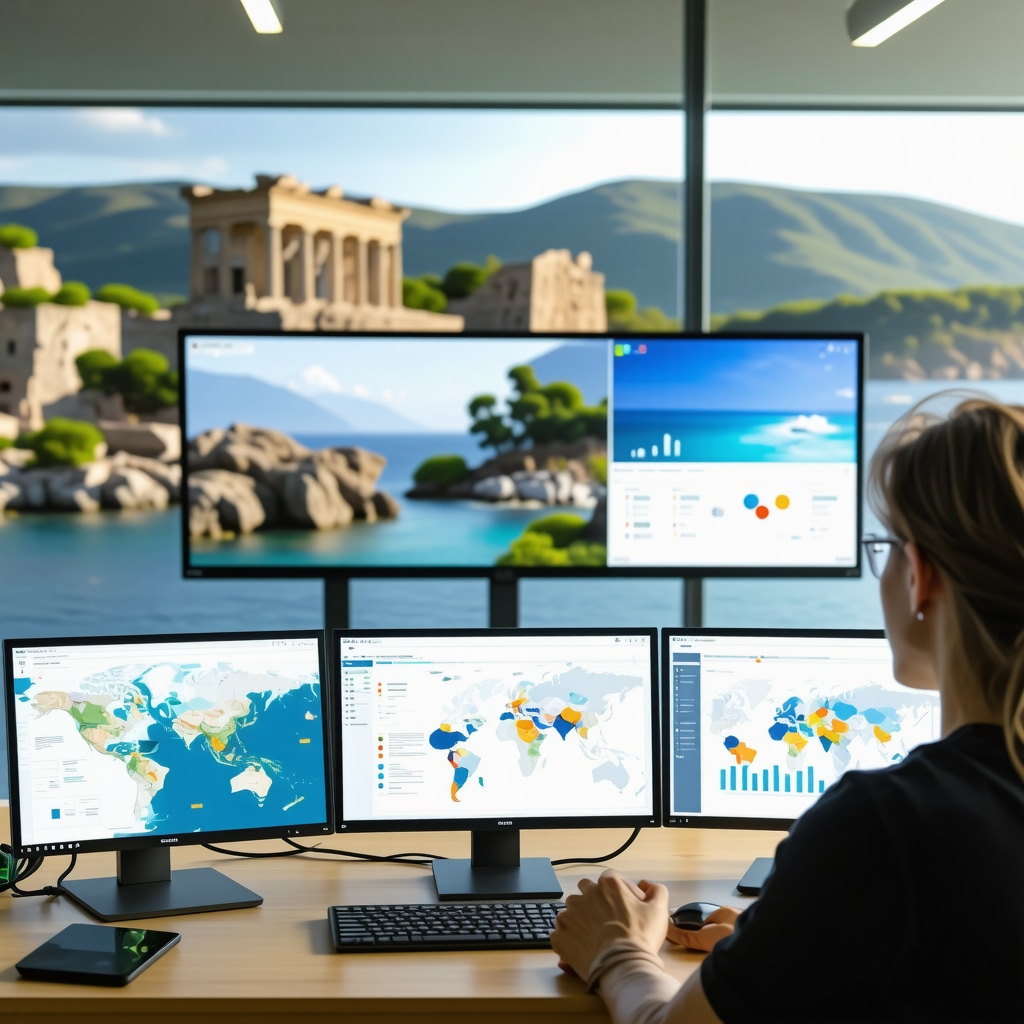 Interactive digital marketing screens displaying Halkidiki tourism data and augmented reality tours with natural landscapes and ancient ruins in the background