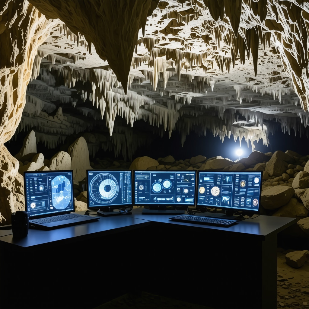 IoT sensors and AI data visualization screens inside karst cave environment