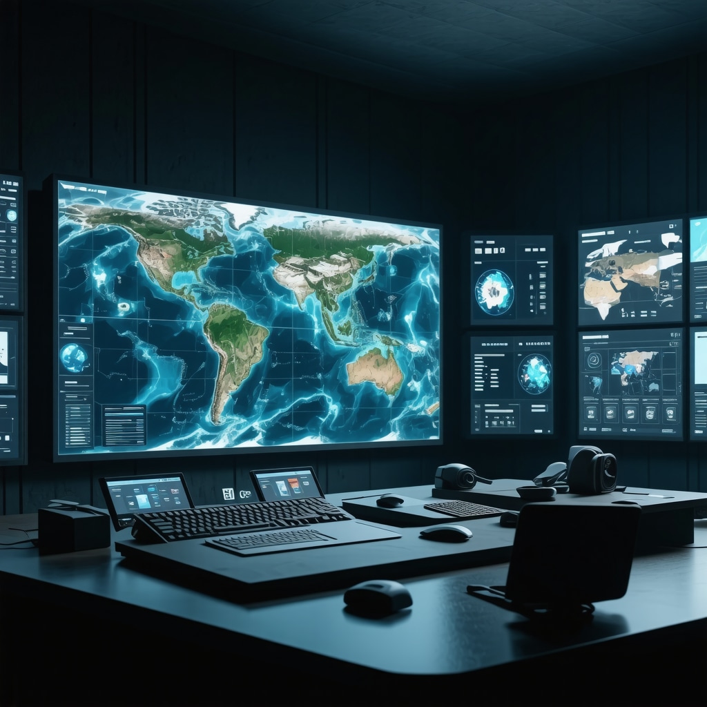 Futuristic control room with digital screens displaying environmental and tourism data for sustainable management on Brač