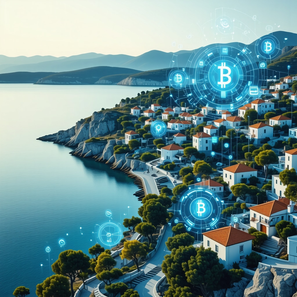 Futuristic coastal town with digital technology icons symbolizing sustainable tourism management