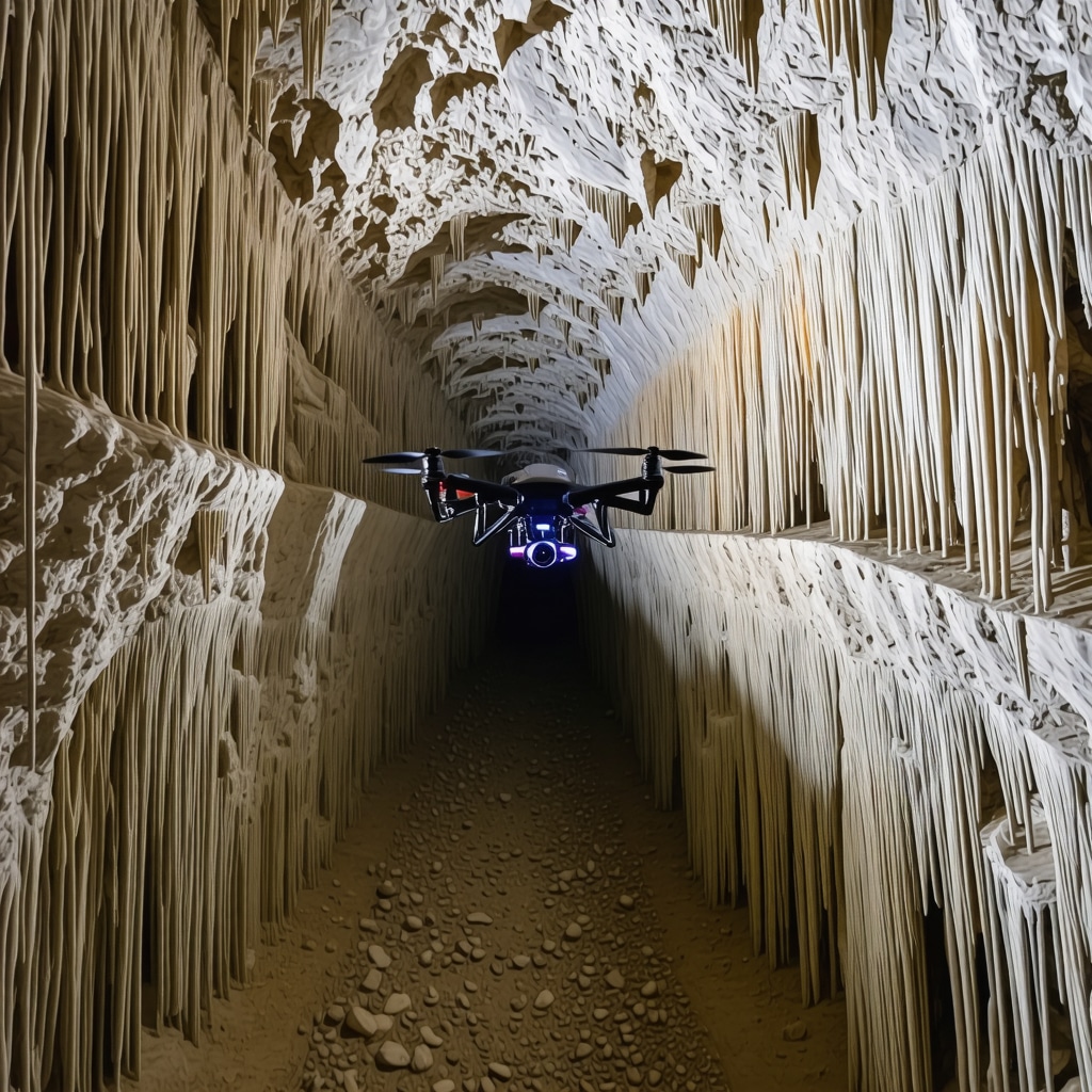 Advanced drone equipped with LIDAR technology mapping the interior of Postojna Cave with detailed cave formations visible
