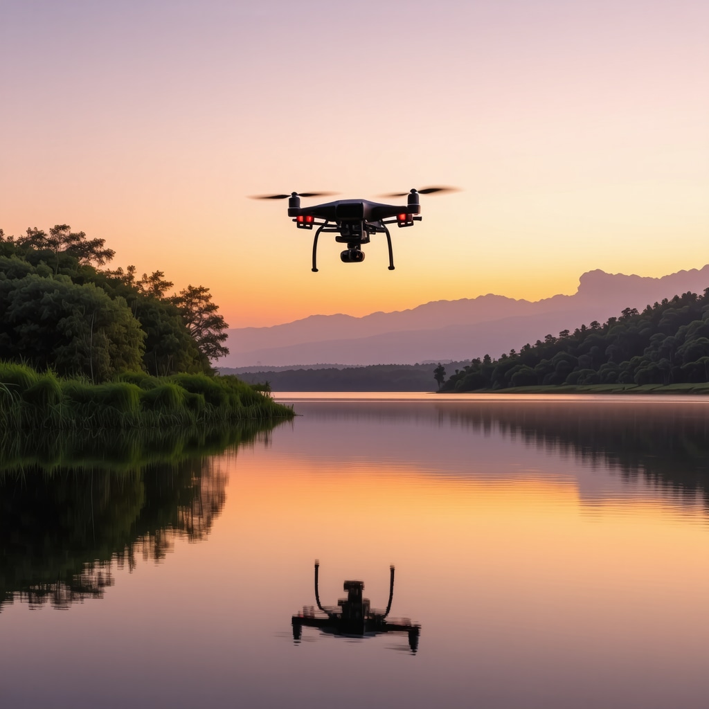 Drone flying over Lake Srebrno at sunset monitoring natural habitat