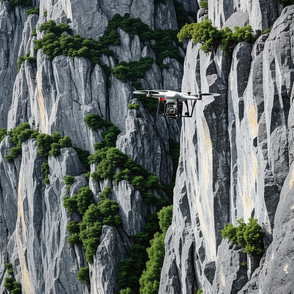 Aerial view of rugged mountain canyon with drone and satellite monitoring technology highlighting conservation efforts