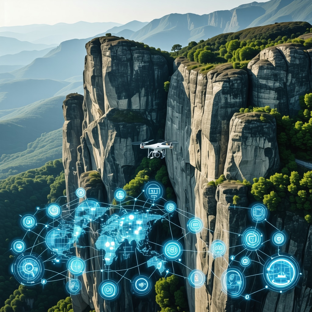 Drone capturing aerial view of Meteora with digital AI and GIS data visualization