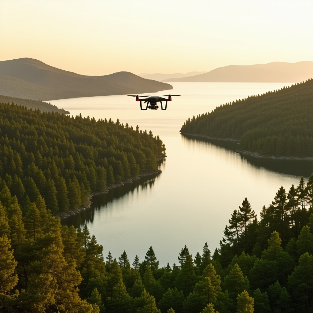 A drone equipped with ecological sensors flying over Mljet island with pine forests and saltwater lakes