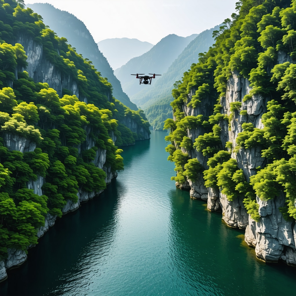Drone flying over lush green forests and clear waters of Matka Canyon demonstrating eco-tourism and modern conservation efforts