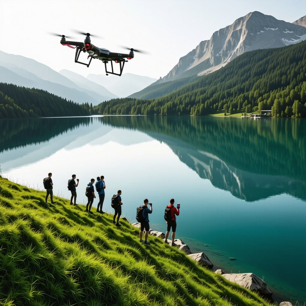 Drones monitoring wildlife and tourists using augmented reality devices in Bohinj alpine landscape