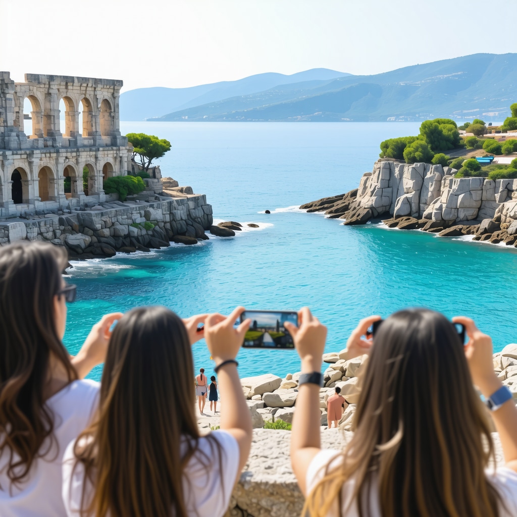 Tourists using augmented reality apps near Durres Roman amphitheater with Adriatic Sea backdrop