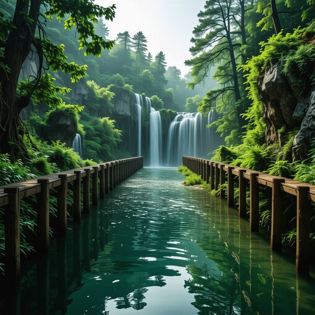 Wooden footbridge over turquoise waterfalls with lush green forest and morning mist at Plitvice Lakes