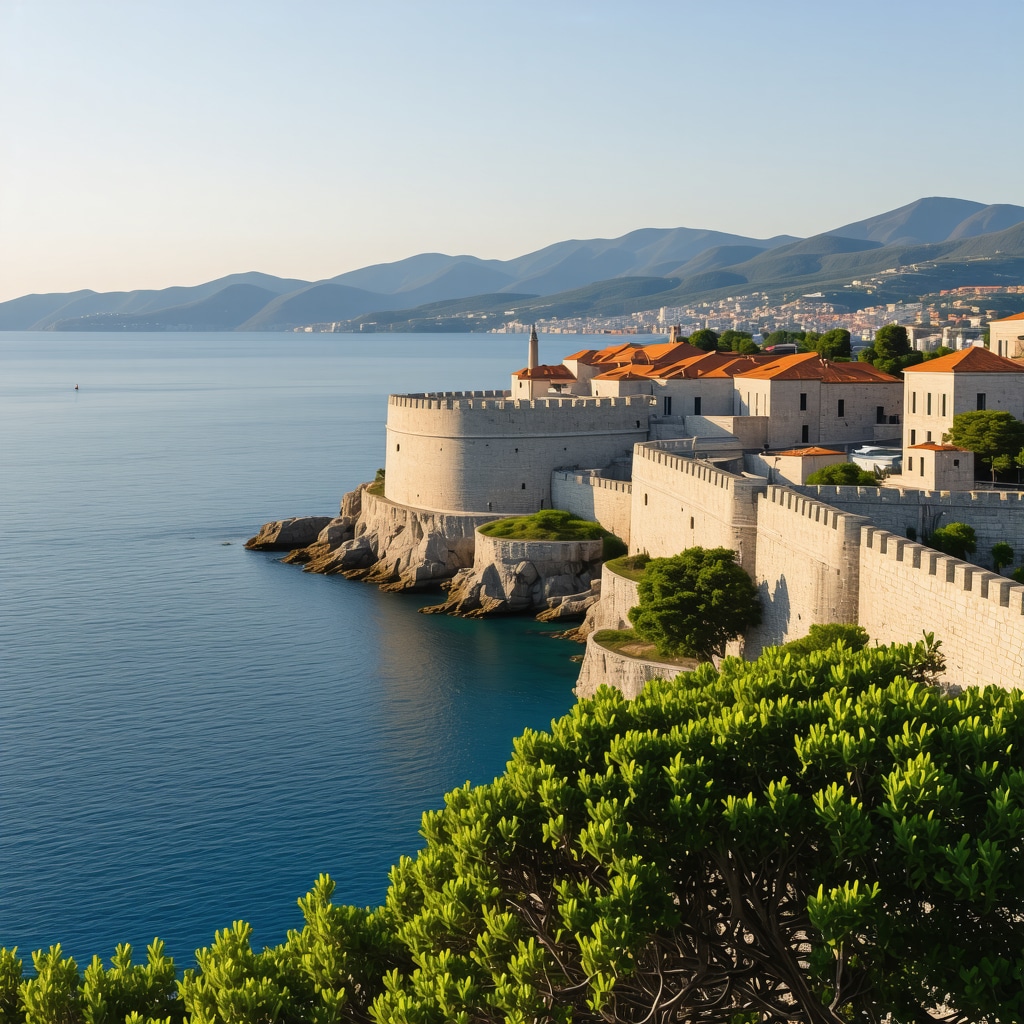 Panoramic view of Dubrovnik's medieval walls and Adriatic Sea at sunrise