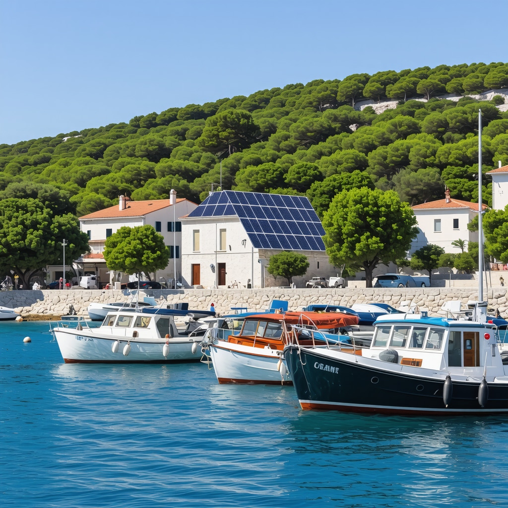 Coastal landscape of Biograd na Moru showing solar panels, traditional boats, and pine trees