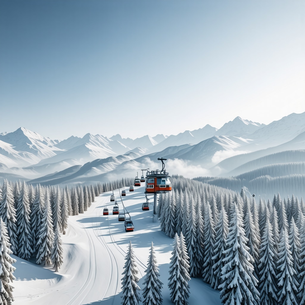 Winter mountain resort with solar panels, wind turbines, and modern ski lifts in Bansko