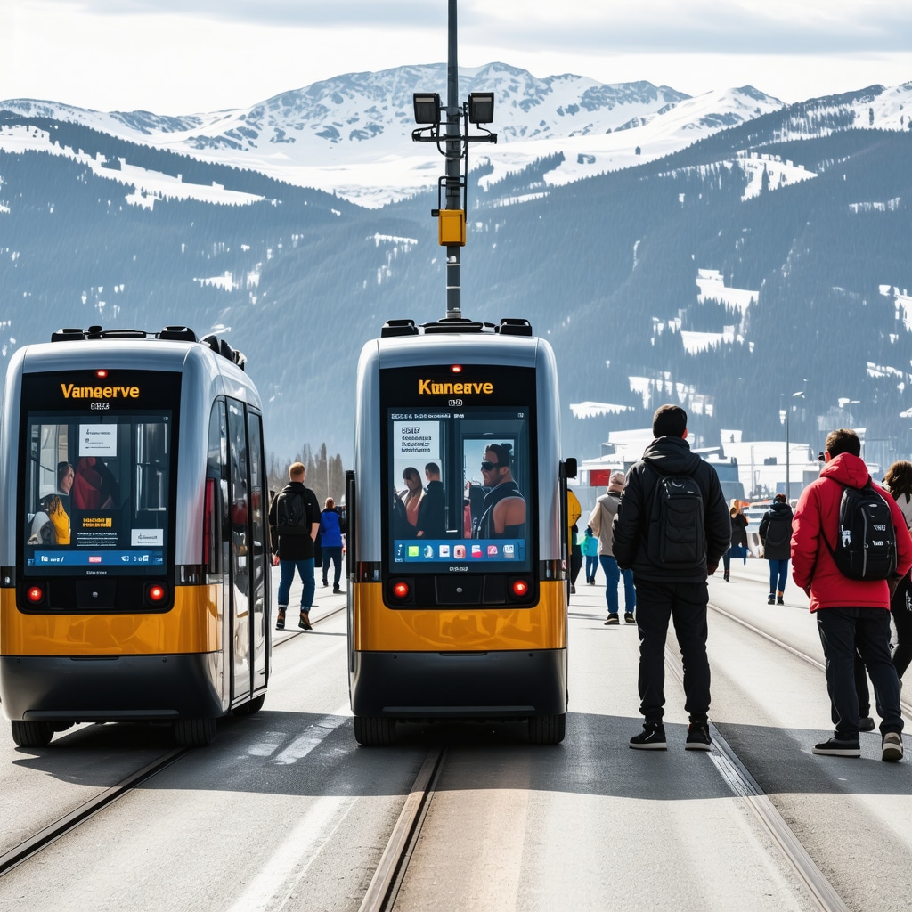 Panoramic view of Bansko mountains with electric shuttles and digital information boards supporting sustainable tourism