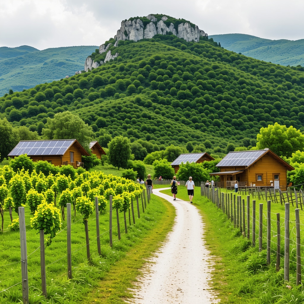 Panoramic view of Trebinje's green mountains with eco-friendly cabins and tourists on nature trails