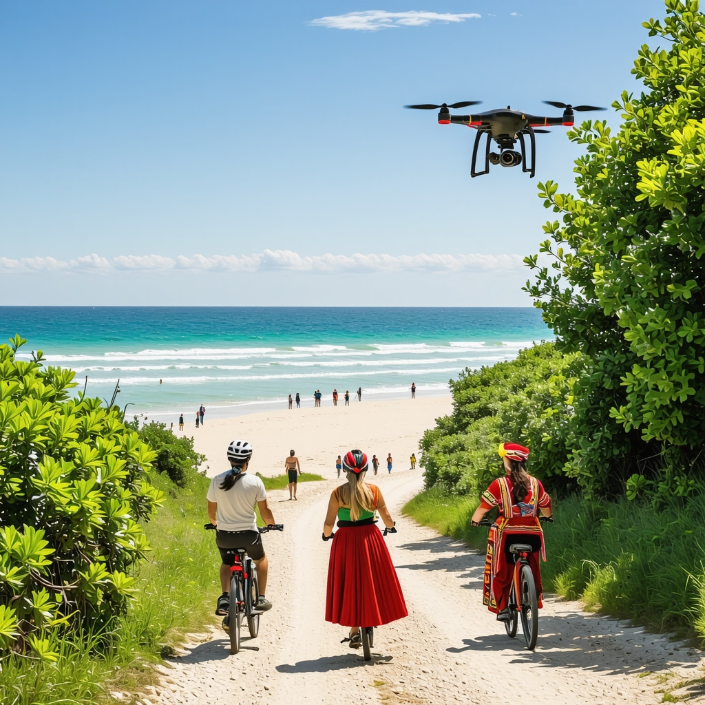 Eco-tourism and cultural festival activities at Golden Sands beach with cyclists, drone, and folk dancers