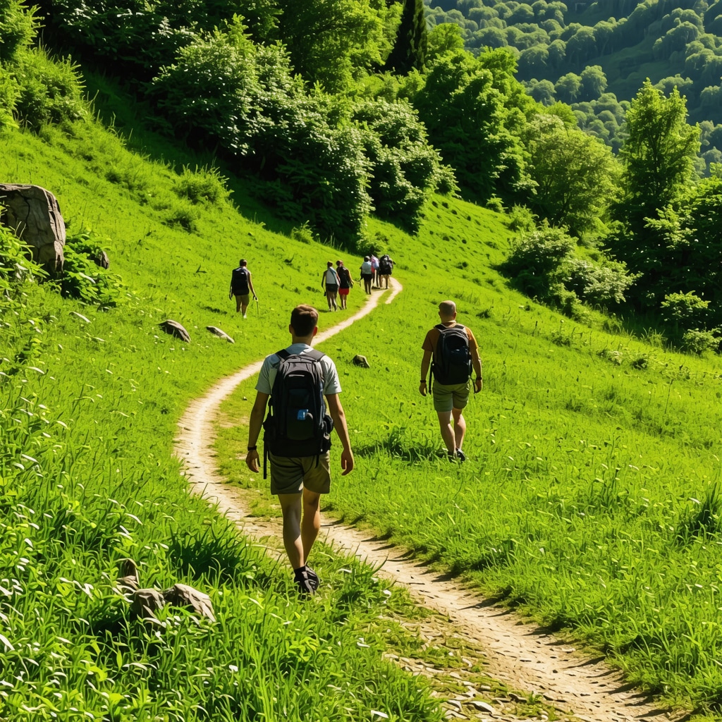 Tourists walking along a sustainable hiking trail surrounded by green forests and cultural landmarks in Montenegro