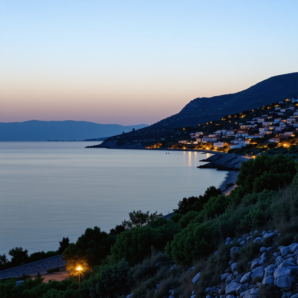 Moonlight reflecting on the coast and village lights of Brač island