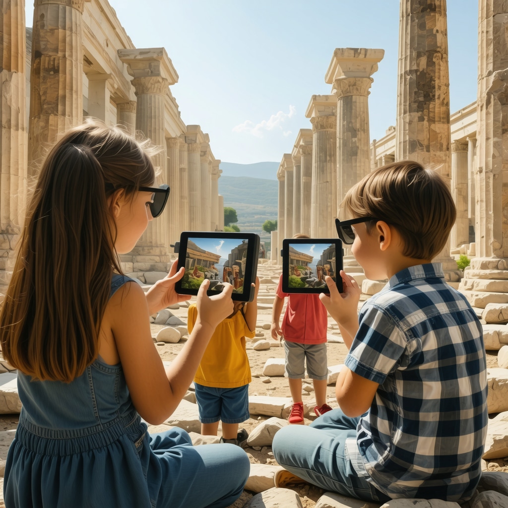 Family visiting Agora ruins in Izmir using augmented reality tablets
