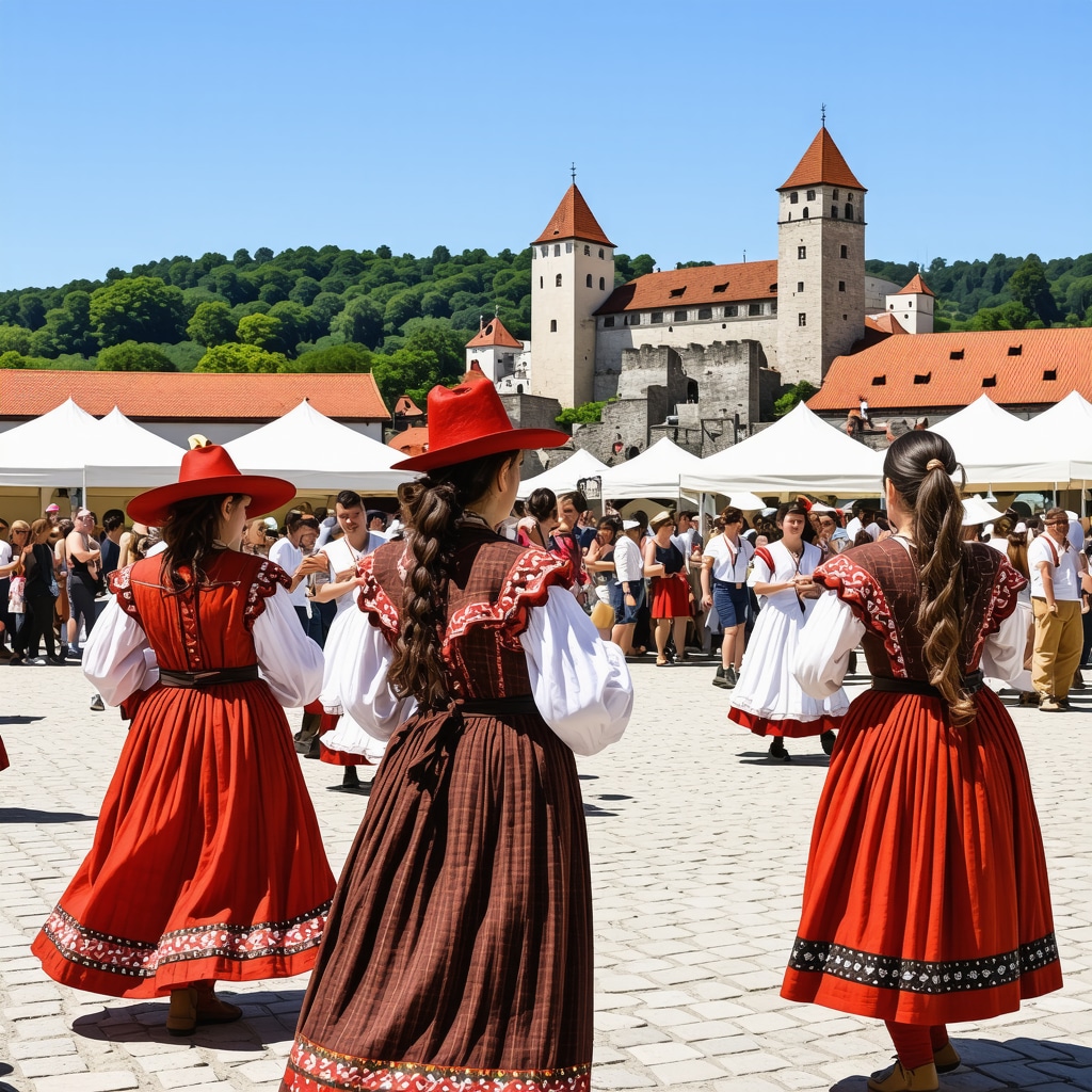 Locuitori din Celje în costume tradiționale participând la Festivalul Medieval, cu castelul istoric pe fundal