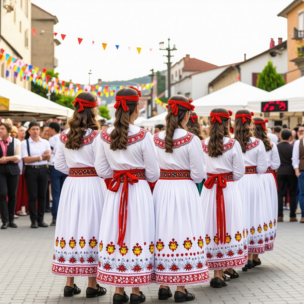 Colorful cultural festival in Tetovo with dancers in traditional Balkan attire and food stalls