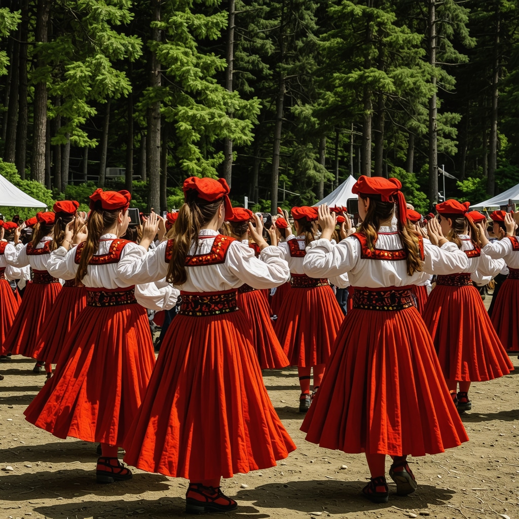 Festival montan în Sinaia cu oameni în costume tradiționale și tehnologie de realitate augmentată în peisaj montan
