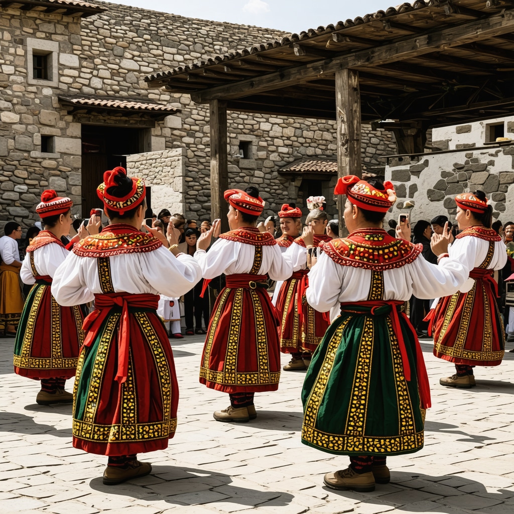 Locuitori din Gjirokastër în costume tradiționale, folosind tehnologie digitală la festival