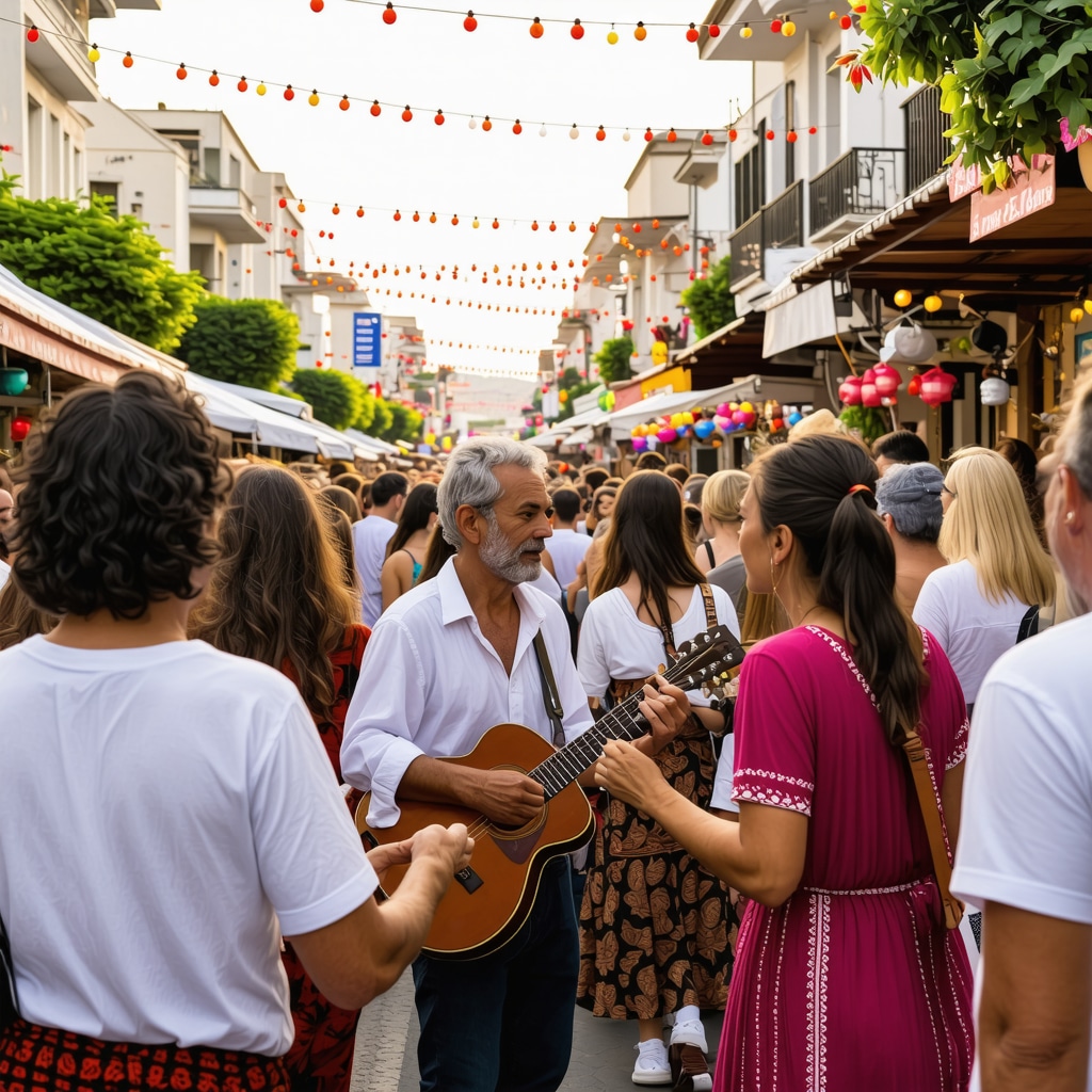 Stradă din Salonic cu festival vibrant, muzicieni și standuri cu mâncare tradițională