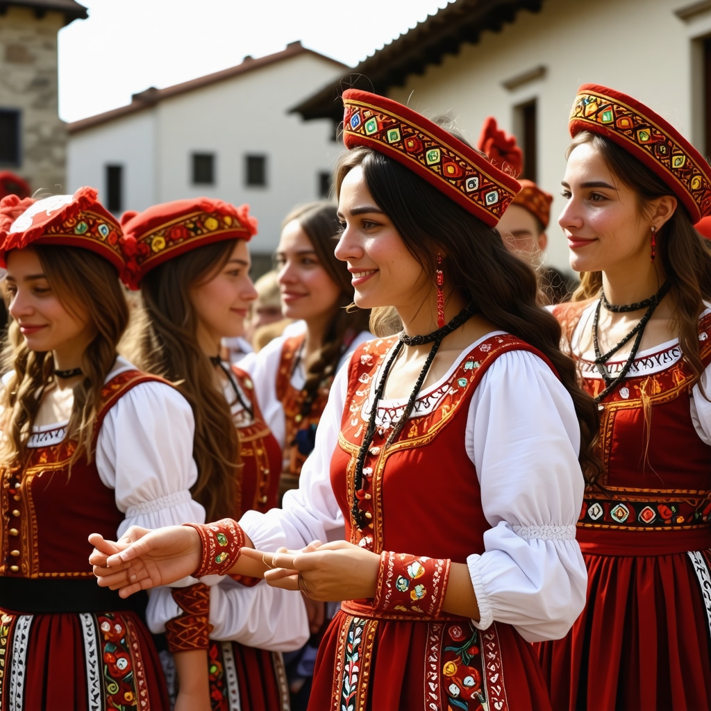 Dancers in traditional costumes performing at Prizren festival with digital screens in the background