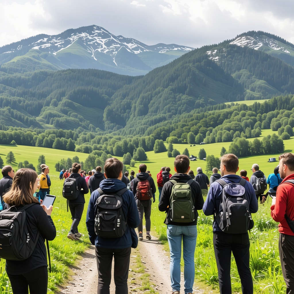 Tourists in Foča mountains using mobile apps with traditional festival and forested landscape