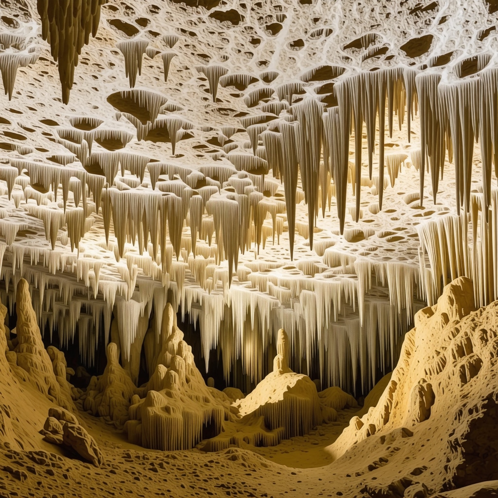 Intricate stalactites and stalagmites inside Peștera Postojna illuminated softly
