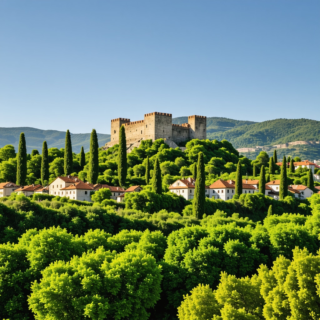 View of fortress Vidoški in Stolac with green hills and traditional houses