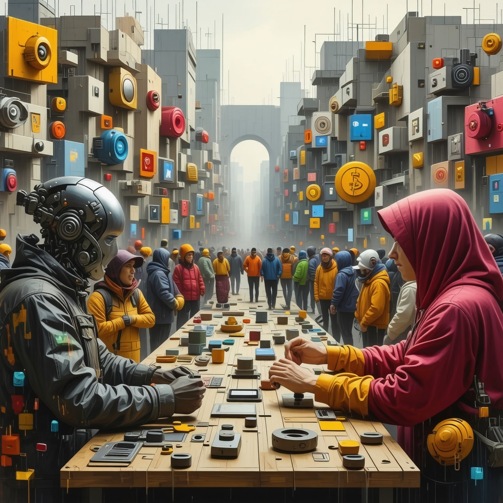 Digital artwork depicting Tetovo's cultural heritage integrated with AI, 3D printing, blockchain, and urban development