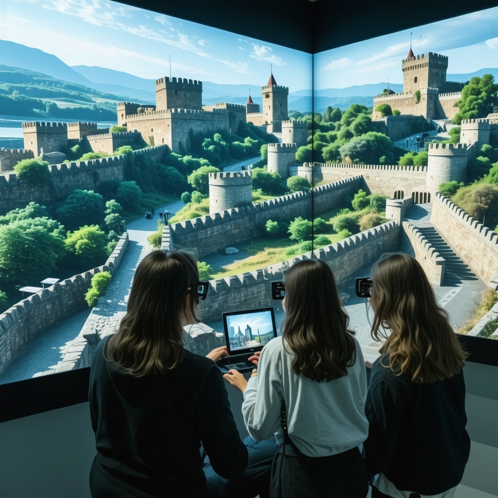 Visitors interacting with augmented reality displays inside Petrovaradin Fortress museum exhibit in Novi Sad