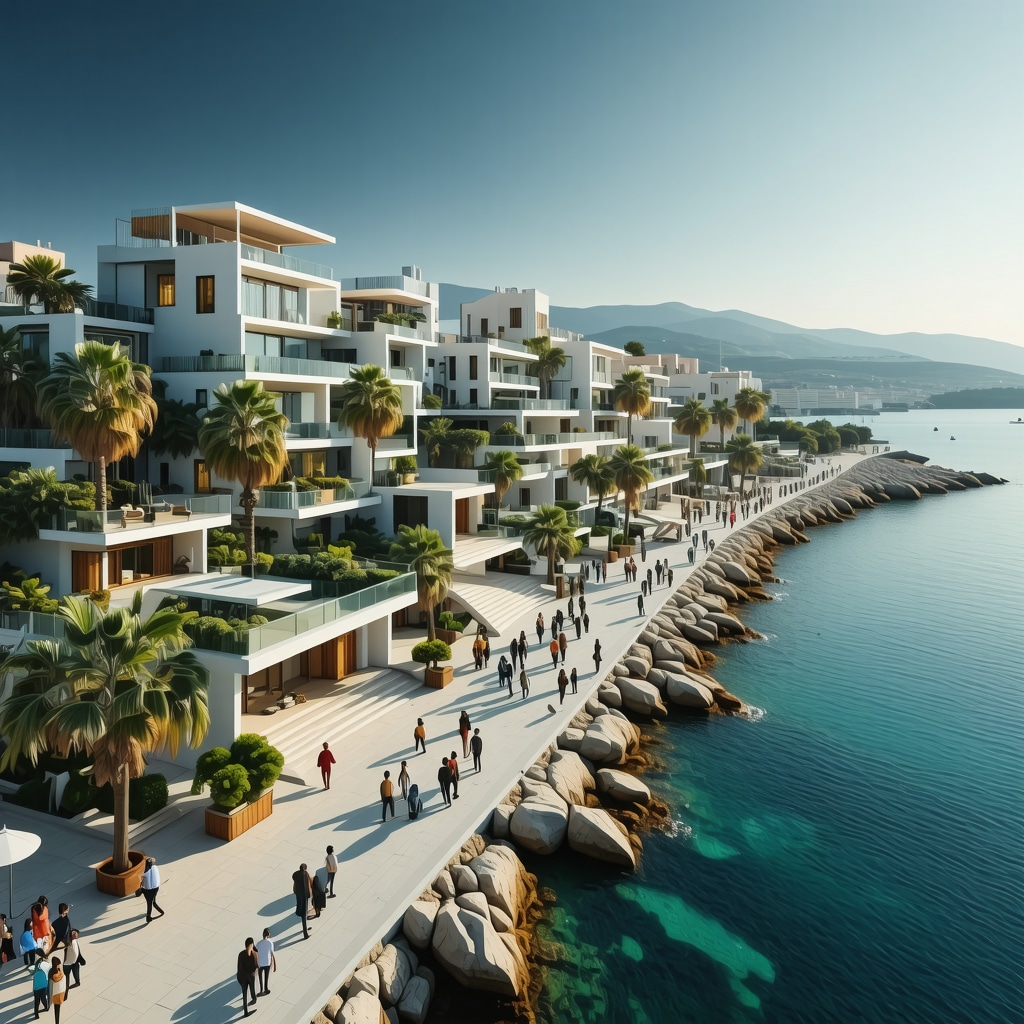 Illustration of Vodice coastal city with smart sensors, solar panels, and eco-friendly tourism infrastructure showing sustainable tourist activities