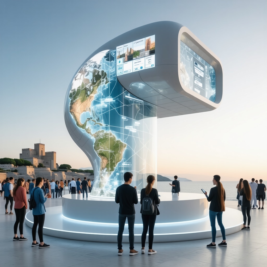 Tourists interacting with augmented reality displays and digital maps in a modern tourism center in Durres overlooking the Adriatic Sea and castle ruins