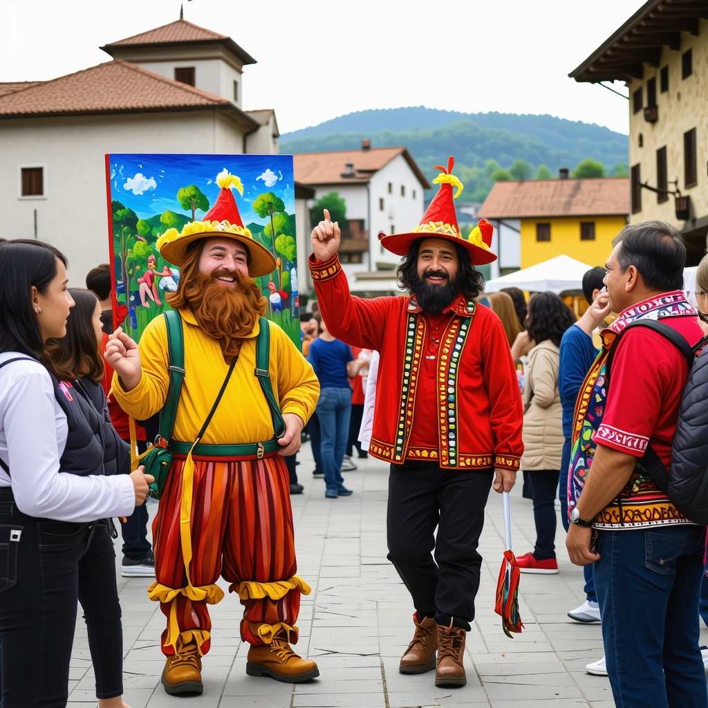 Visitors enjoying satirical art exhibits at a cultural festival in Gabrovo with Bulgarian traditional buildings in the background