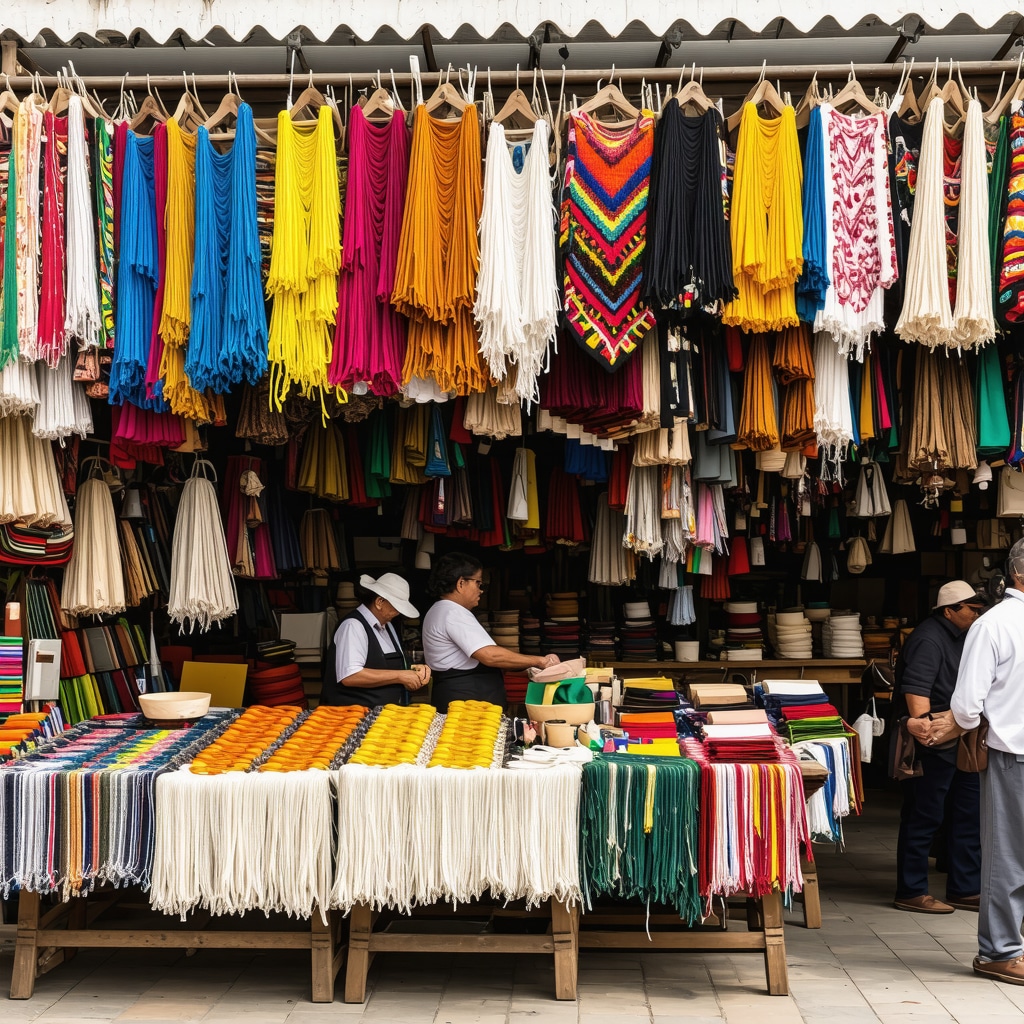 Artisans displaying traditional Balkan crafts and textiles in a vibrant Gostivar market