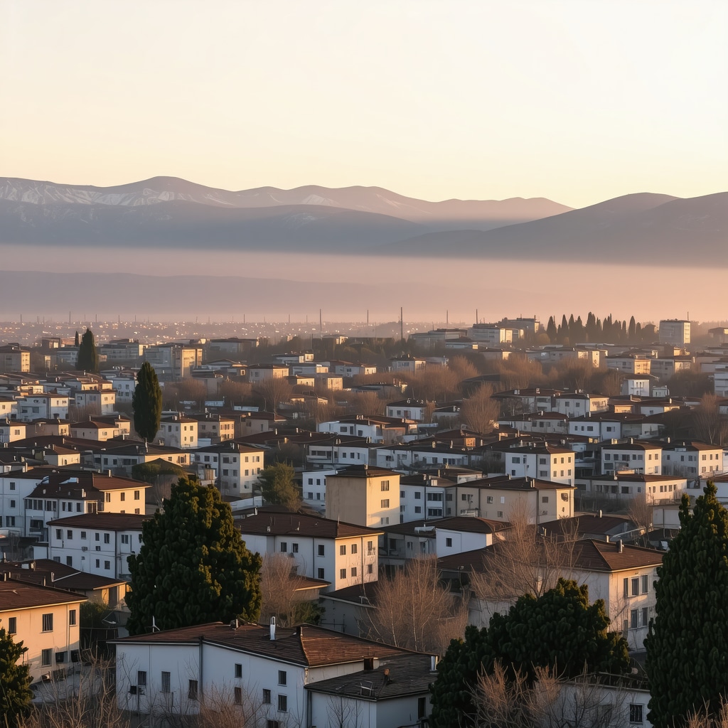 Panoramic view of Gostivar city with traditional Ottoman buildings and modern structures under a golden hour sky