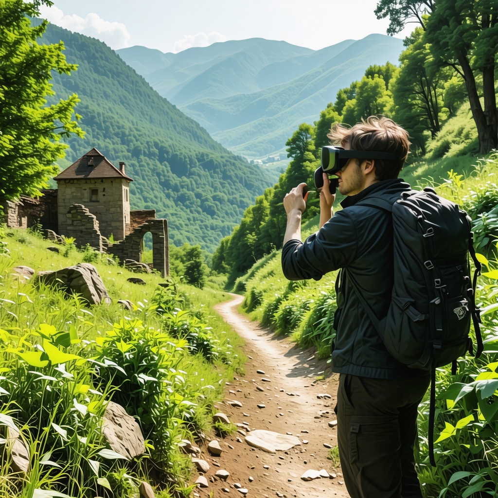 Modern hiker wearing augmented reality glasses exploring a scenic mountain trail with historical ruins in Knjaževac