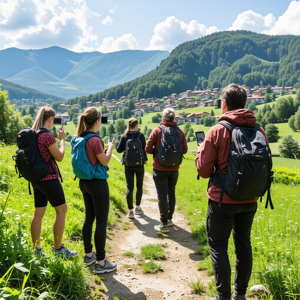 Hikers using augmented reality apps on a mountain trail in Konjic with Bosnian forests and village scenery