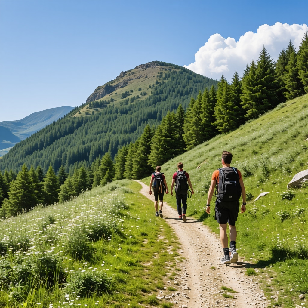 Scenic mountain trail with hikers and panoramic views in Zlatibor