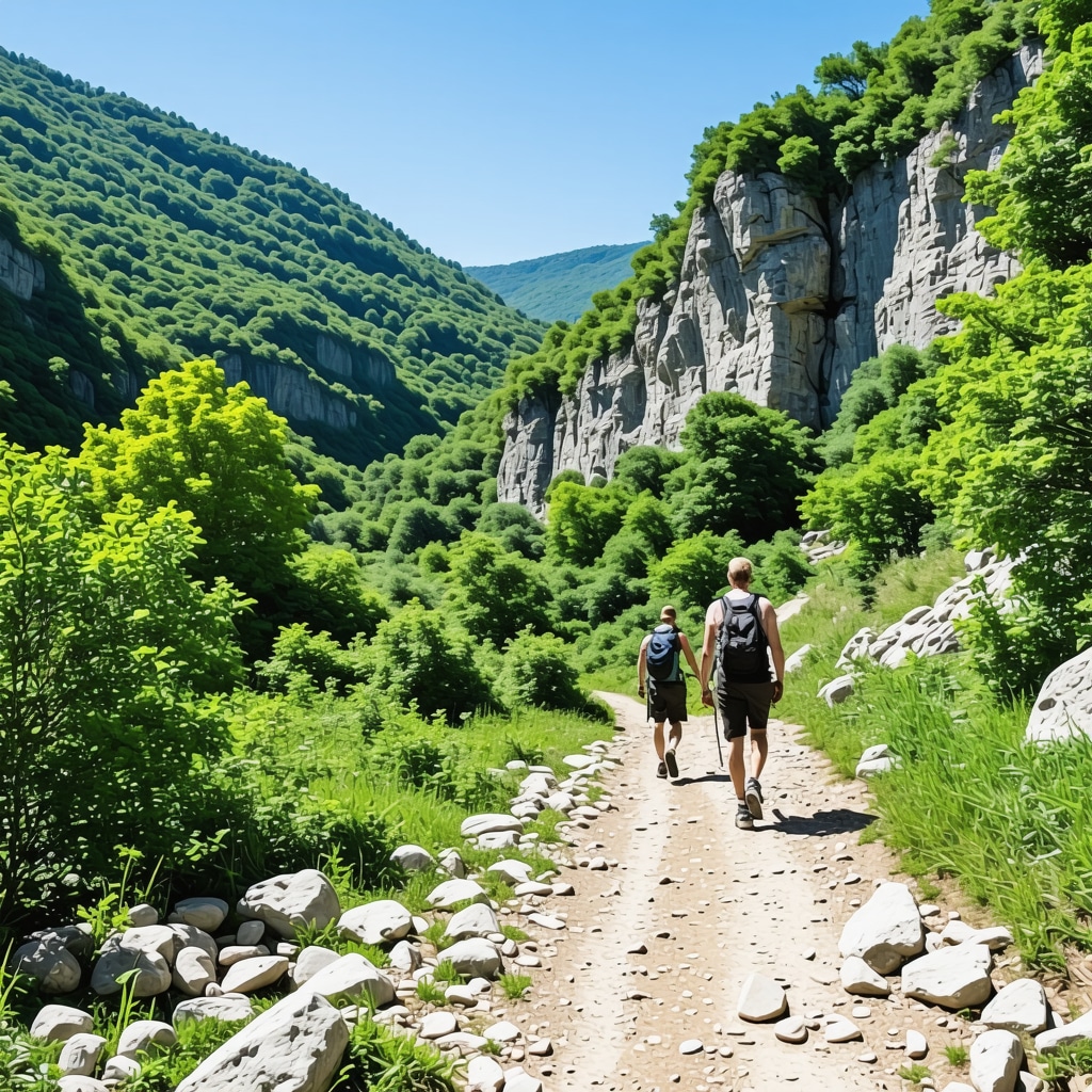 Hikers walking along a trail in Matka Canyon surrounded by dense forest and a river