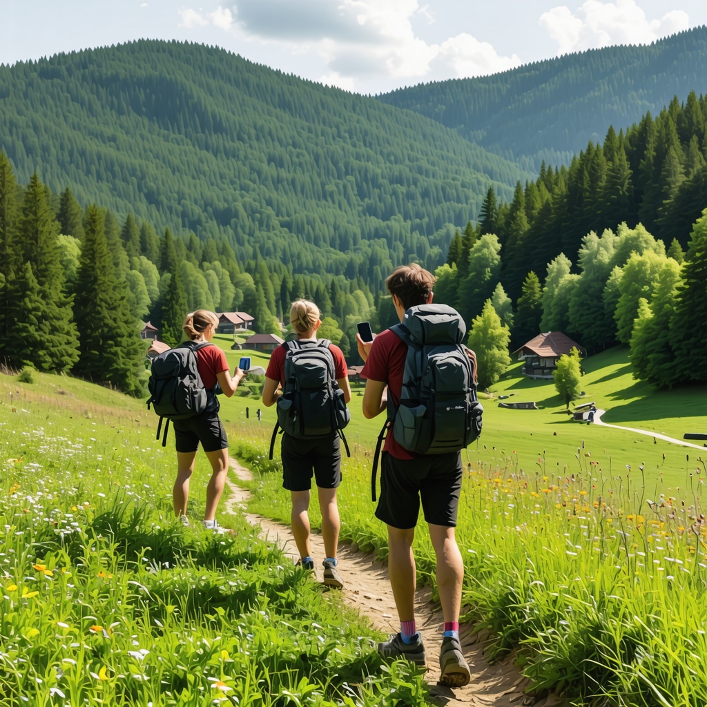 Hikers navigating Zlatibor mountain trails with GPS technology near Balkan village