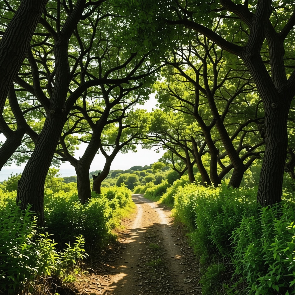 Sunlit hiking path through coastal forests with Marmara Sea in the distance in Kırklareli
